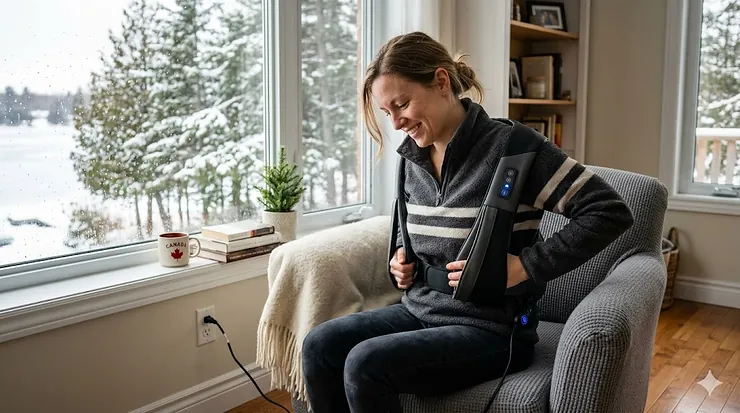 A person using a premium massager for back pain in a cozy Canadian living room with a view of snow-covered pine trees.