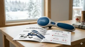Close-up of a handheld massager for neck and shoulders with bilingual English and French instructions for Canadian consumers.