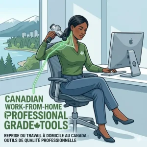 An illustration of a modern clinic tray holding professional grade massage tools, featuring subtle, bilingual English and French educational icons and branding for the Canadian national market.