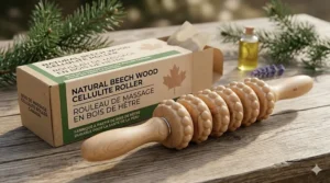 Eco-friendly wooden massage roller for cellulite with bilingual English and French Canadian packaging.