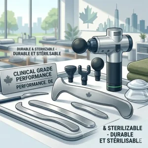 A minimalist, clean illustration of a complete set of professional grade massage tools—including cups, steel tools, and percussion devices—arranged on a sterile tray in a high-end Montreal spa.