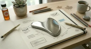 Illustration showing the cooling benefits of a stainless steel gua sha to soothe dry, inflamed skin during the Canadian winter.