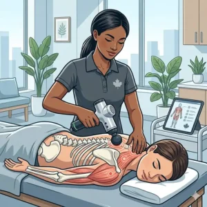 A close-up illustration of robust, high-quality professional grade massage tools—including steel IASTM tools and a heavy-duty percussion gun—designed for heavy use in busy Canadian clinics.