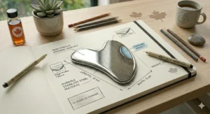 Illustration of an unbreakable stainless steel gua sha tool, highlighting sustainable beauty choices for eco-conscious Canadian consumers.