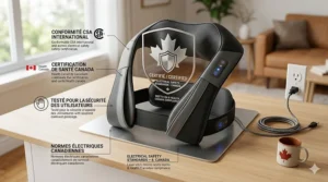 Illustration of an electric massager for back pain with a Canadian safety certification seal.