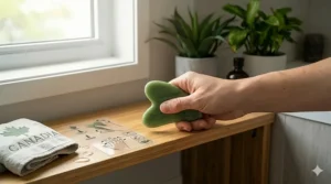 Close-up illustration highlighting the ergonomic curves of a body gua sha scraper for easy handling.