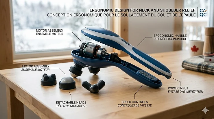 Technical illustration of an ergonomic handheld massager for neck and shoulders highlighting the easy-grip handle.