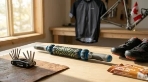 Detailed view of the ergonomic handles and stainless steel core of a muscle roller stick for cyclists.