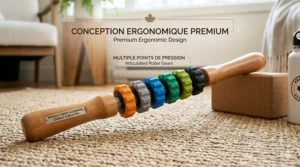 Close-up photorealistic view of an ergonomic trigger point stick made of Canadian maple wood with articulated roller gears.