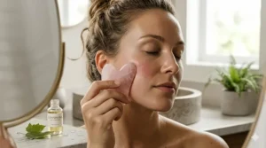A photorealistic illustration of a woman using a rose quartz facial gua sha tool to massage rich face oil into dry skin during a cold Canadian winter.