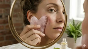 A high-definition close-up illustration of a highly polished rose quartz heart-shaped facial gua sha tool being held by a woman's hand and applied to her skin.