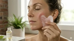 A detailed photorealistic close-up illustration of the polished heart-shaped rose quartz facial gua sha tool applied to a woman's face, showcasing a subtle healthy flush in natural window light.
