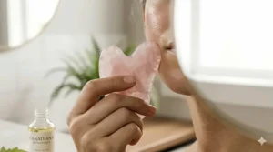An extreme photorealistic close-up illustration of the polished heart-shaped rose quartz facial gua sha tool pressed against skin with a bottle of 'GANADIANA BOTANICALS' oil in soft focus.