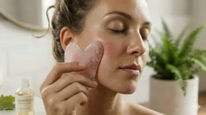 A detailed photorealistic close-up illustration of the polished heart-shaped rose quartz facial gua sha tool showcasing intricate internal stone texture during a side-lit facial massage.