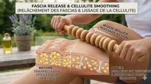 Scientific illustration showing how a wooden massage roller breaks down fat deposits and smooths cellulite.