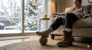 A woman using a firm massage ball for foot pain relief after a winter day, with heavy boots and snow outside a Canadian home.