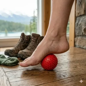 Illustration of a foot rolling over a textured trigger point ball to soothe plantar fasciitis after a day of hiking in the Rockies.