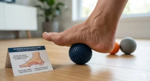 Close-up of a foot rolling on a textured massage ball next to a guide showing correct techniques for plantar fasciitis therapy.