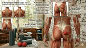 Illustration showing a lacrosse ball used on the glutes to help manage referred back pain and sciatica symptoms.