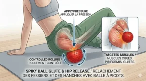 Illustration of a glute and hip muscle release technique using a firm spiky massage ball on a yoga mat.