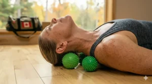 A person sitting on a yoga mat using a lacrosse ball for hamstring mobility and muscle recovery.