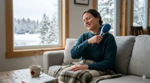 A Canadian woman using a handheld massager for neck and shoulders while relaxing in a cozy living room during winter.