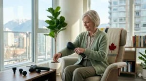An active Canadian senior using an easy-grip handheld massager to improve circulation and mobility at home.