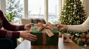 A beautifully wrapped handheld massager being given as a wellness gift during the Canadian holiday season.
