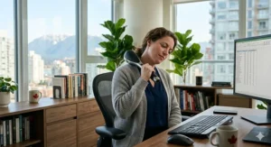 A remote worker at a desk in a home office using a handheld massager to relieve neck tension from screen time.