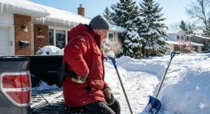 A person using a handheld massager on their lower back after shoveling snow in a Canadian winter setting.