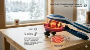 Diagram showing the soothing heat function of a handheld massager for neck and shoulders for deep tissue relief.