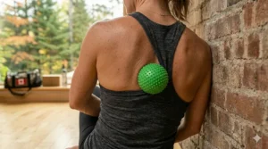 Illustration of a gluteus medius release using a lacrosse massage ball for improved hip mobility.
