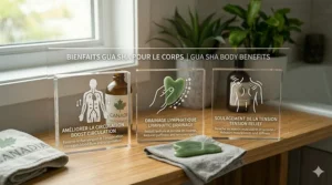 Icons representing the benefits of a body gua sha scraper, including improved circulation and tension relief.