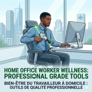 An illustration of a Canadian remote worker in Calgary using professional grade massage tools for self-care, treating a stiff neck at a desk overlooking a modern city skyline.