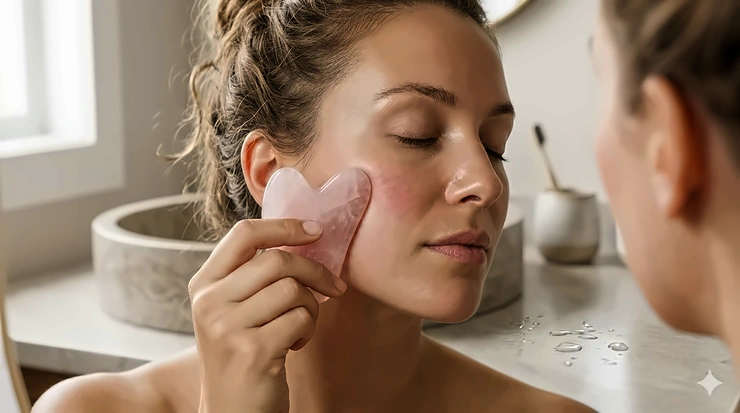 A detailed photorealistic close-up illustration of a woman demonstrating correct upward strokes on her cheek using a rose quartz heart facial gua sha tool for lymphatic drainage.