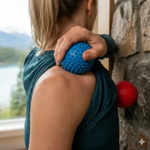 Diagram showing how to use trigger point balls for myofascial release on the upper back and traps.