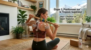 An instructional diagram with bilingual English and French text showing how to apply a trigger point stick to the upper trapezius for neck tension relief.
