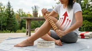 Diagram showing the upward stroking motion of a wooden massage roller on thighs to target cellulite.