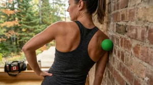 Illustration of lacrosse massage balls for mobility being used against a wall to relieve upper back tension.