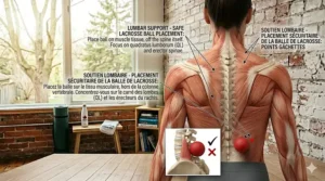 A guided illustration showing the safe placement of a lacrosse ball for lower back pain, avoiding direct pressure on the spine.
