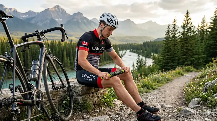 A cyclist in professional gear using a muscle roller stick for recovery after a ride through the Canadian Rockies.
