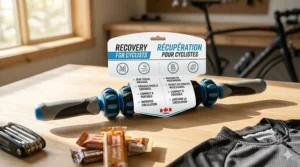 Close-up of a muscle roller stick for cyclists with bilingual English and French Canadian labeling.