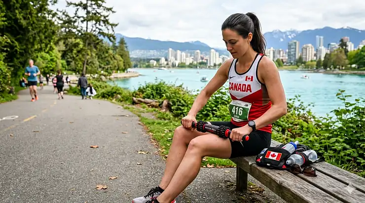 A Canadian marathon runner using a muscle roller stick on their quadriceps with a scenic Vancouver park background. muscle roller stick for runners muscle roller stick for runners