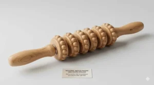 Close-up illustration of a high-quality wooden massage roller for cellulite made from sustainable beech wood.