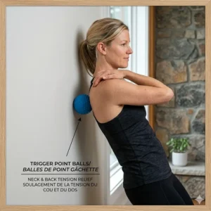 A minimalist illustration of a Canadian office worker using a trigger point massage ball against a wall to relieve neck tension.