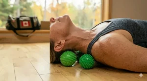 Two lacrosse massage balls for mobility placed at the base of the skull to alleviate tension headaches.