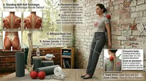 A professional in an office setting using a lacrosse ball for back pain relief against a wall during a break to combat sedentary fatigue.