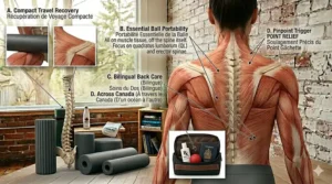 Illustration of a lacrosse ball in a gym bag next to a Canadian passport, emphasizing its portability for back pain relief while traveling across Canada.