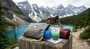 A portable foot recovery kit including massage balls and hiking boots, set against a scenic backdrop of the Canadian Rockies.