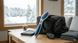 Compact handheld massager for neck and shoulders packed in a travel bag for Canadian cross-country trips.